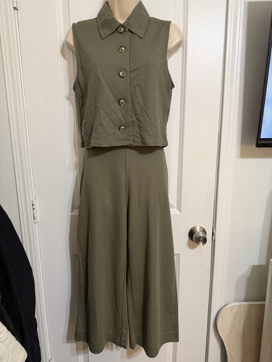 Mango Pants - Mango Sleeveless Olive Green Button-Front Top With Wide-Leg Matching Pant (Set)
